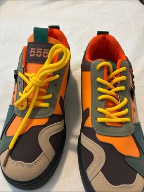 Bold Orange & Yellow Athletic Sneakers with Green and Tan Accents